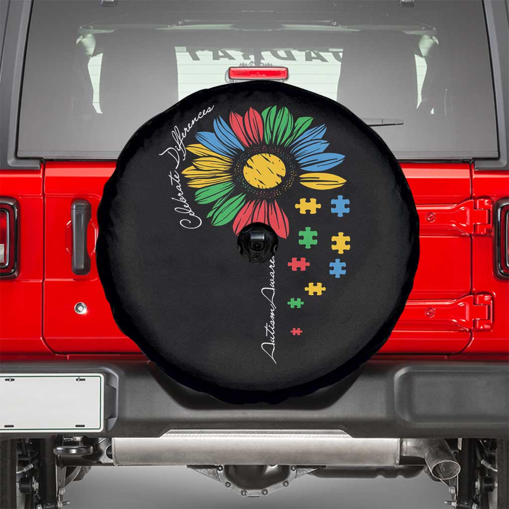 Autism Awareness Celebrate Differences Spare Tire Cover Sunflower Puzzle Pieces TS11 Black Print Your Wear