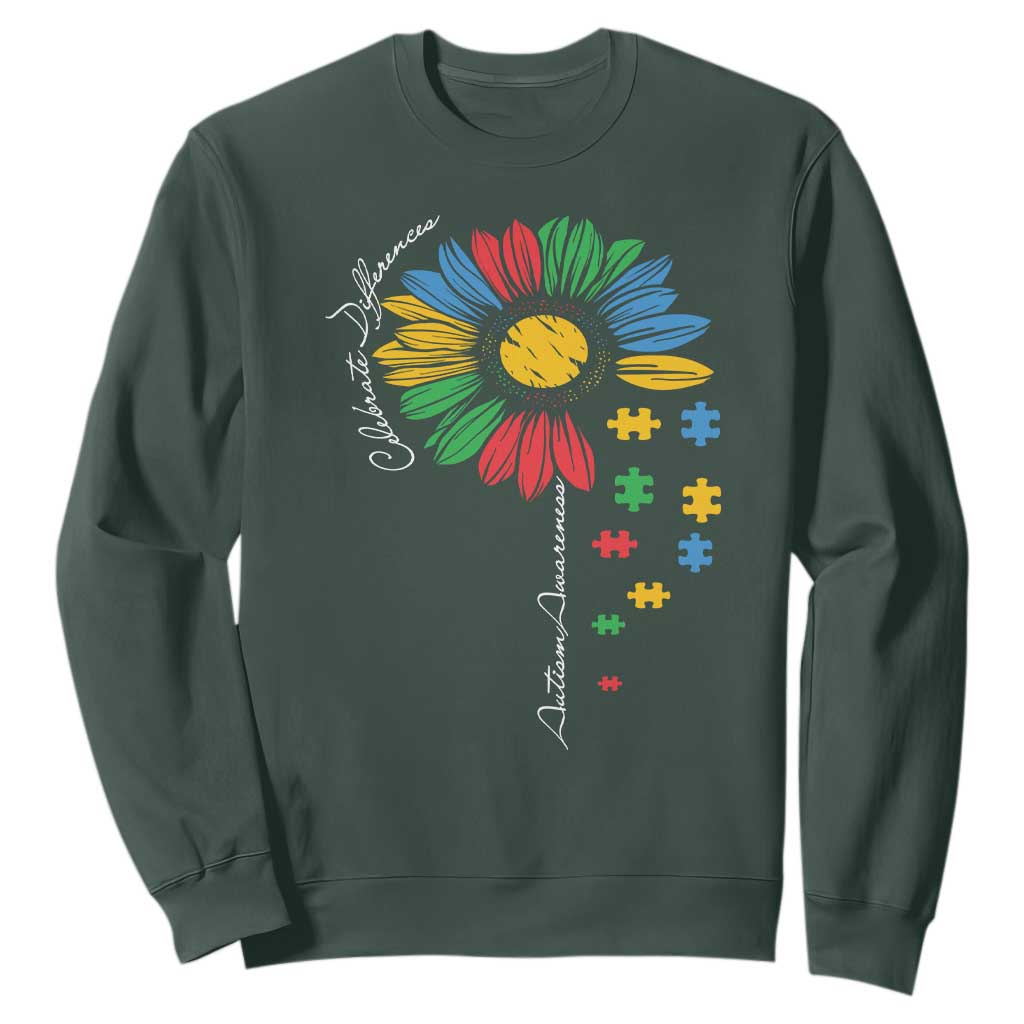 Autism Awareness Celebrate Differences Sweatshirt Sunflower Puzzle Pieces TS11 Dark Forest Green Print Your Wear