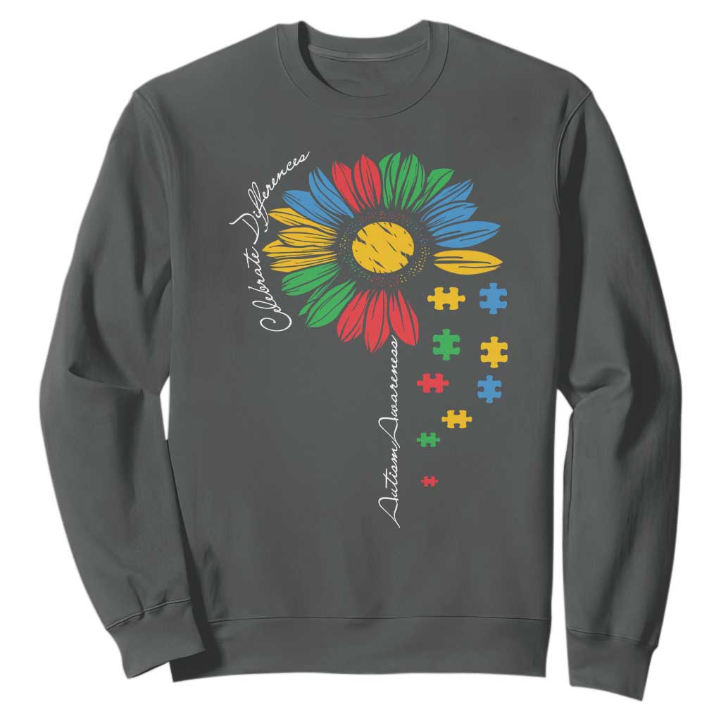Autism Awareness Celebrate Differences Sweatshirt Sunflower Puzzle Pieces TS11 Dark Heather Print Your Wear