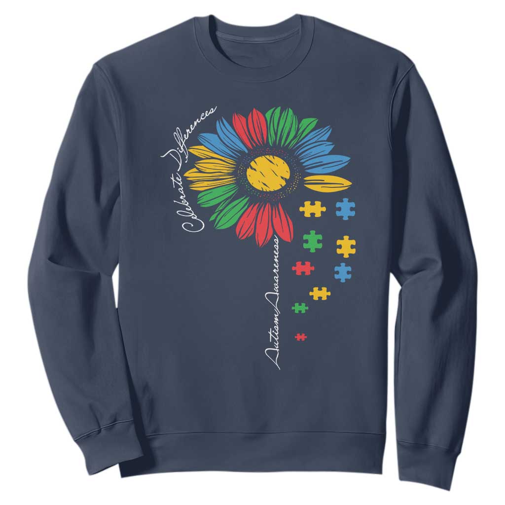 Autism Awareness Celebrate Differences Sweatshirt Sunflower Puzzle Pieces TS11 Navy Print Your Wear