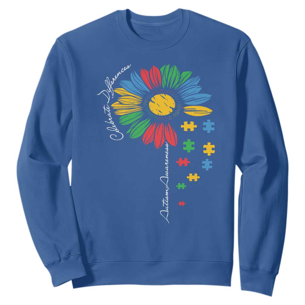 Autism Awareness Celebrate Differences Sweatshirt Sunflower Puzzle Pieces TS11 Royal Blue Print Your Wear