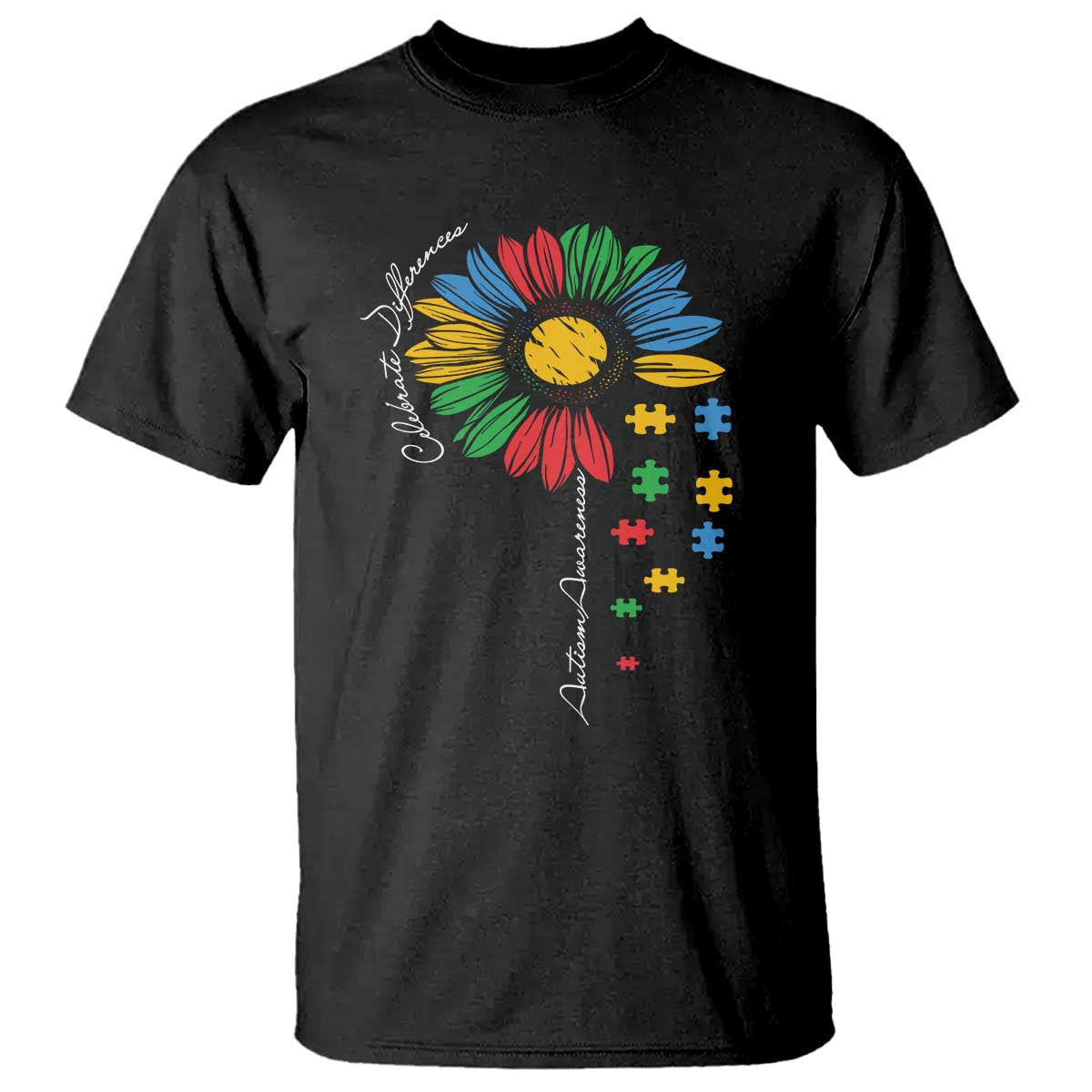 Autism Awareness Celebrate Differences T Shirt Sunflower Puzzle Pieces TS11 Black Print Your Wear