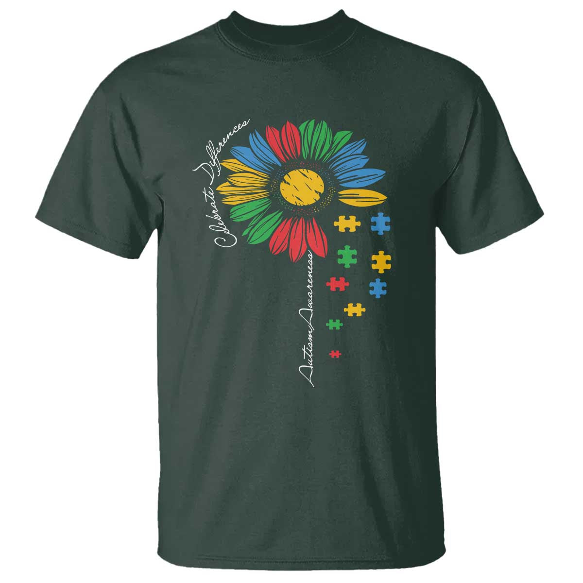 Autism Awareness Celebrate Differences T Shirt Sunflower Puzzle Pieces TS11 Dark Forest Green Print Your Wear