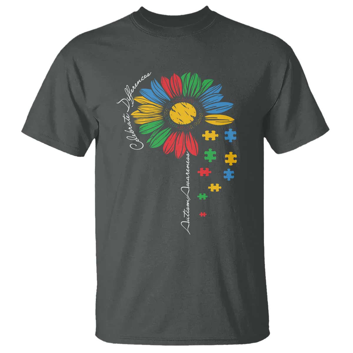 Autism Awareness Celebrate Differences T Shirt Sunflower Puzzle Pieces TS11 Dark Heather Print Your Wear