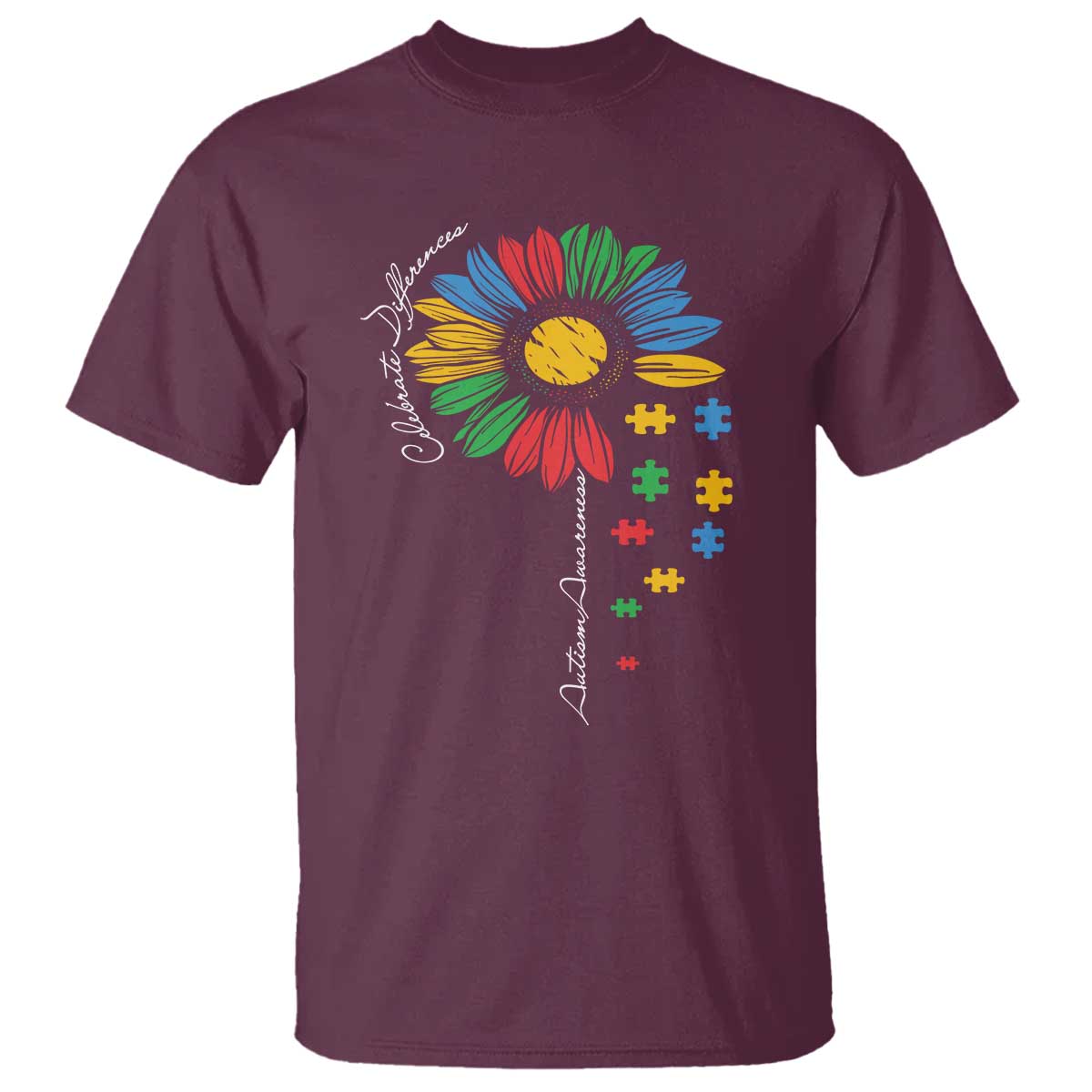 Autism Awareness Celebrate Differences T Shirt Sunflower Puzzle Pieces TS11 Maroon Print Your Wear