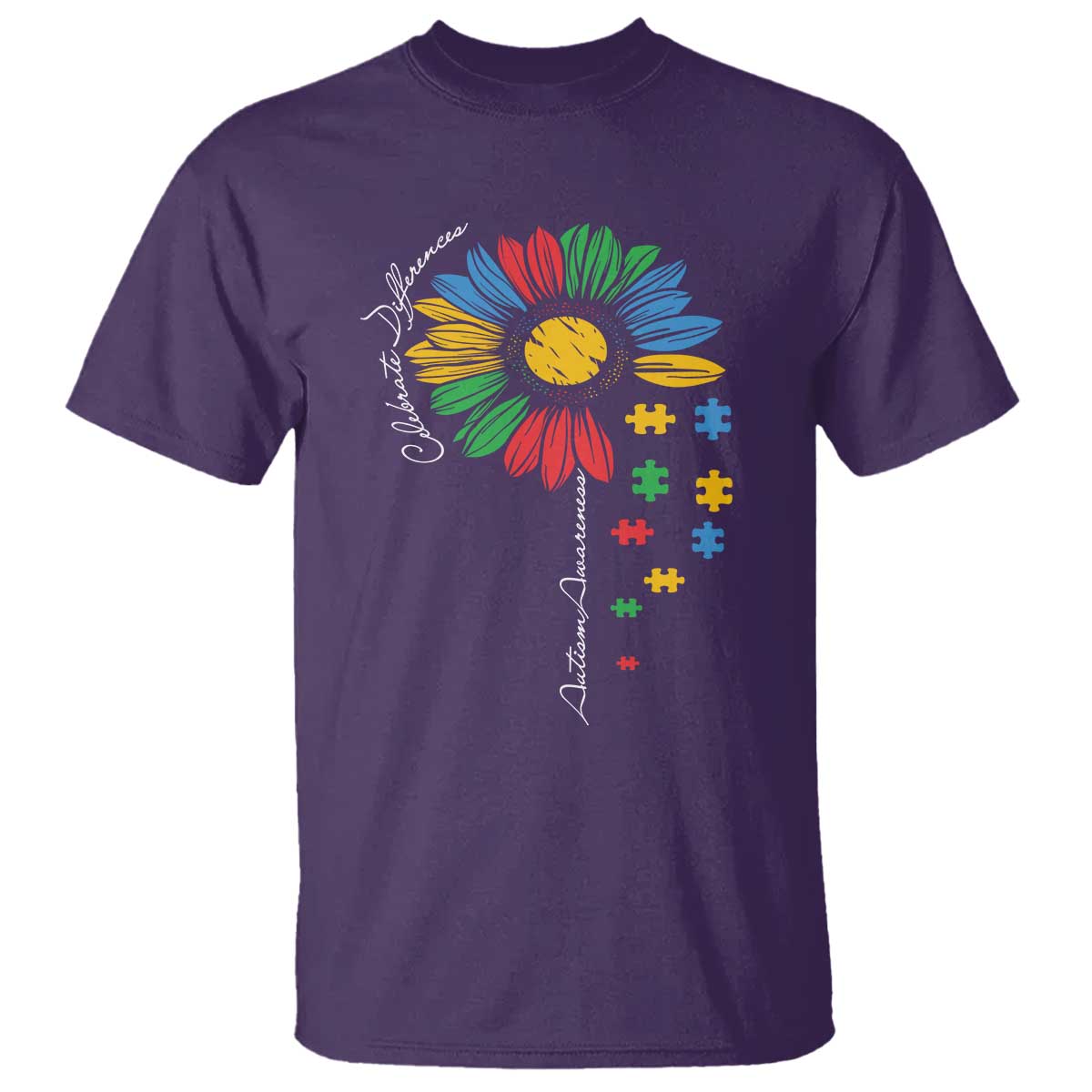 Autism Awareness Celebrate Differences T Shirt Sunflower Puzzle Pieces TS11 Purple Print Your Wear
