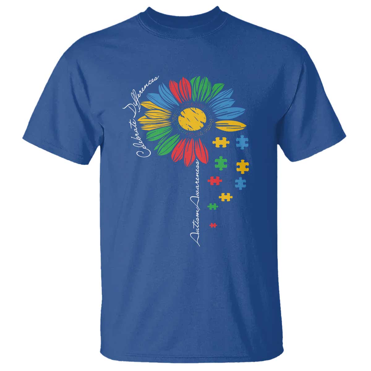 Autism Awareness Celebrate Differences T Shirt Sunflower Puzzle Pieces TS11 Royal Blue Print Your Wear