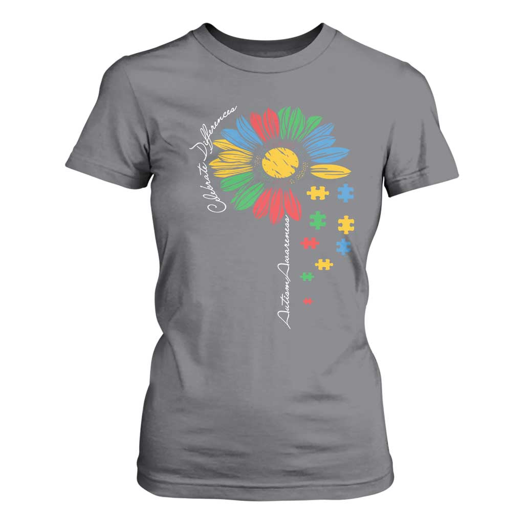 Autism Awareness Celebrate Differences T Shirt For Women Sunflower Puzzle Pieces TS11 Charcoal Print Your Wear