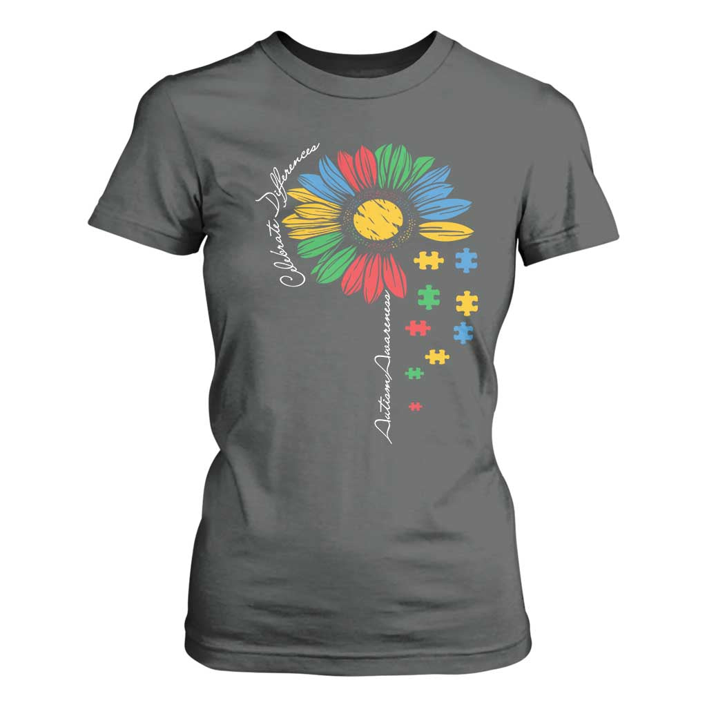 Autism Awareness Celebrate Differences T Shirt For Women Sunflower Puzzle Pieces TS11 Dark Heather Print Your Wear