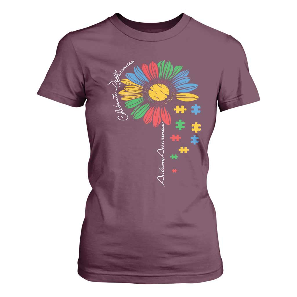 Autism Awareness Celebrate Differences T Shirt For Women Sunflower Puzzle Pieces TS11 Maroon Print Your Wear