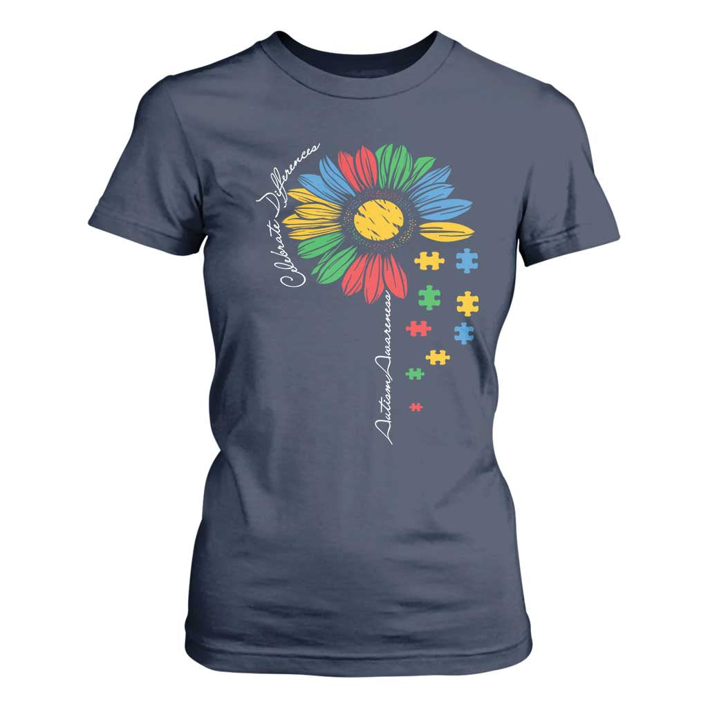 Autism Awareness Celebrate Differences T Shirt For Women Sunflower Puzzle Pieces TS11 Navy Print Your Wear