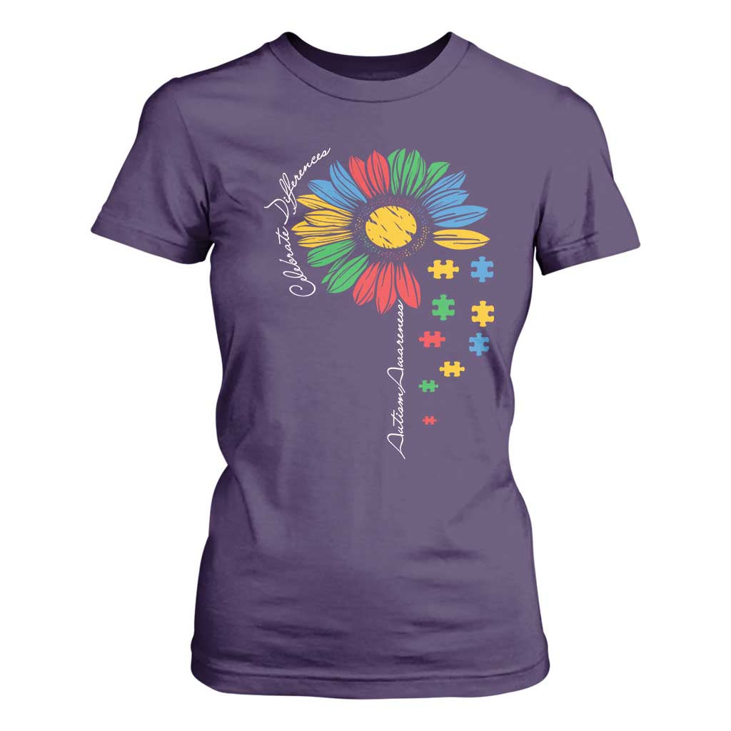 Autism Awareness Celebrate Differences T Shirt For Women Sunflower Puzzle Pieces TS11 Purple Print Your Wear