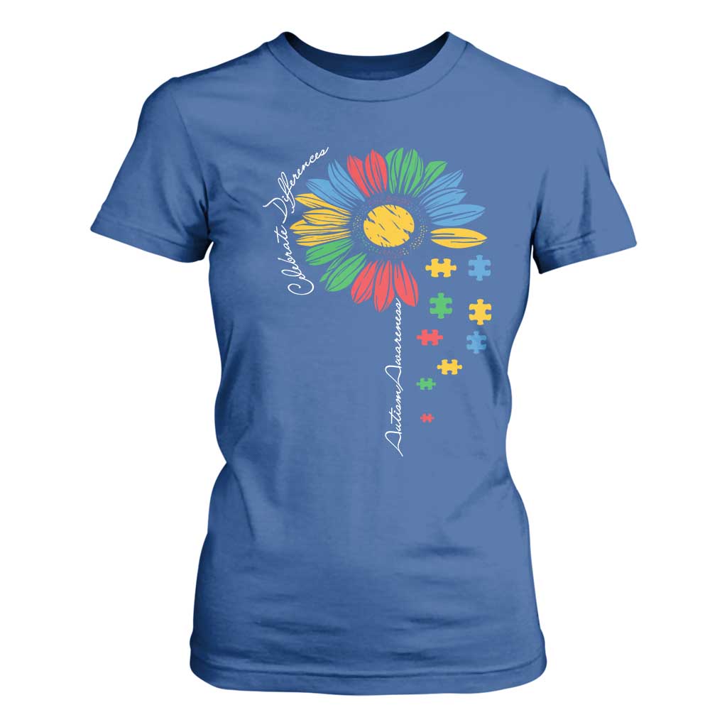 Autism Awareness Celebrate Differences T Shirt For Women Sunflower Puzzle Pieces TS11 Royal Blue Print Your Wear