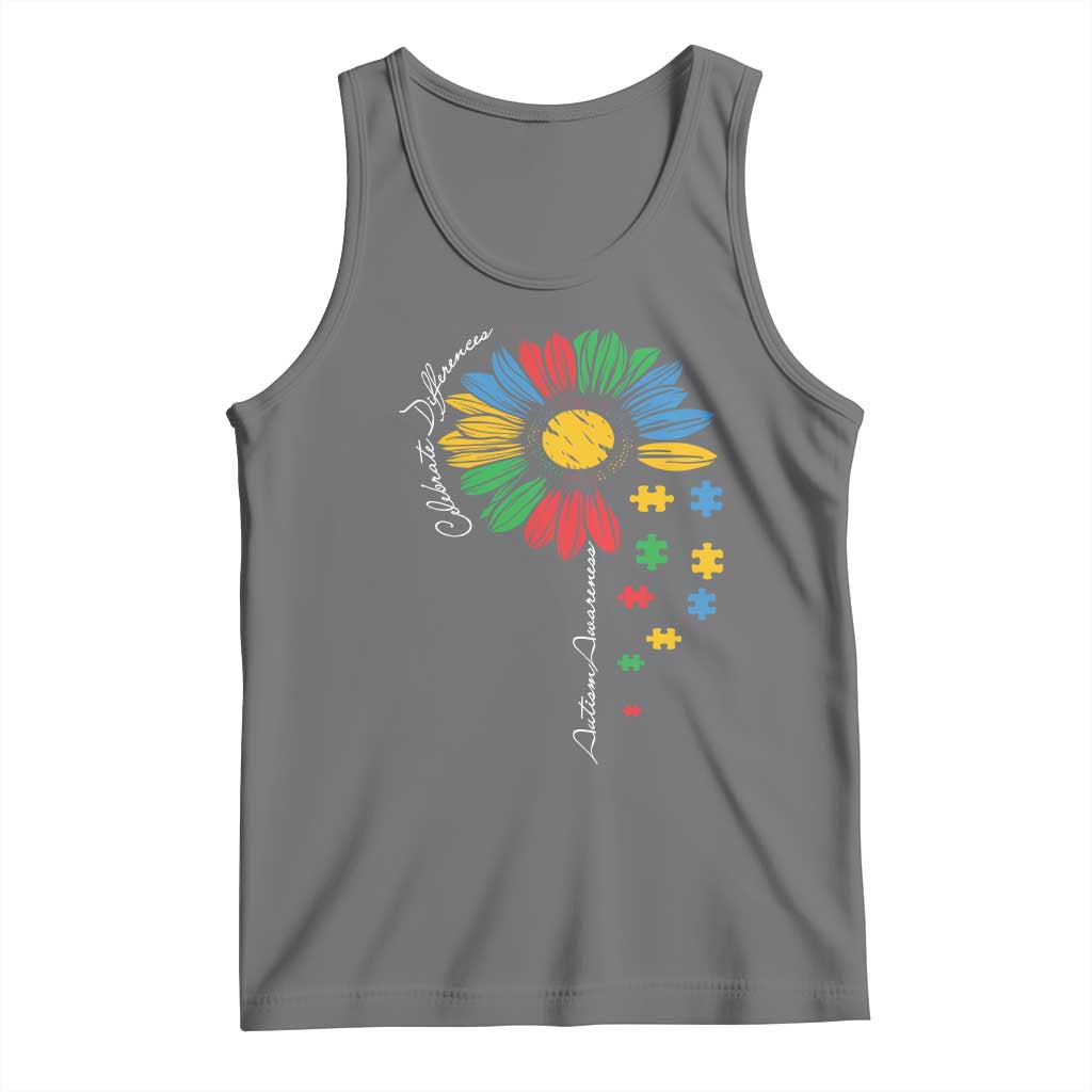 Autism Awareness Celebrate Differences Tank Top Sunflower Puzzle Pieces TS11 Black Heather Print Your Wear