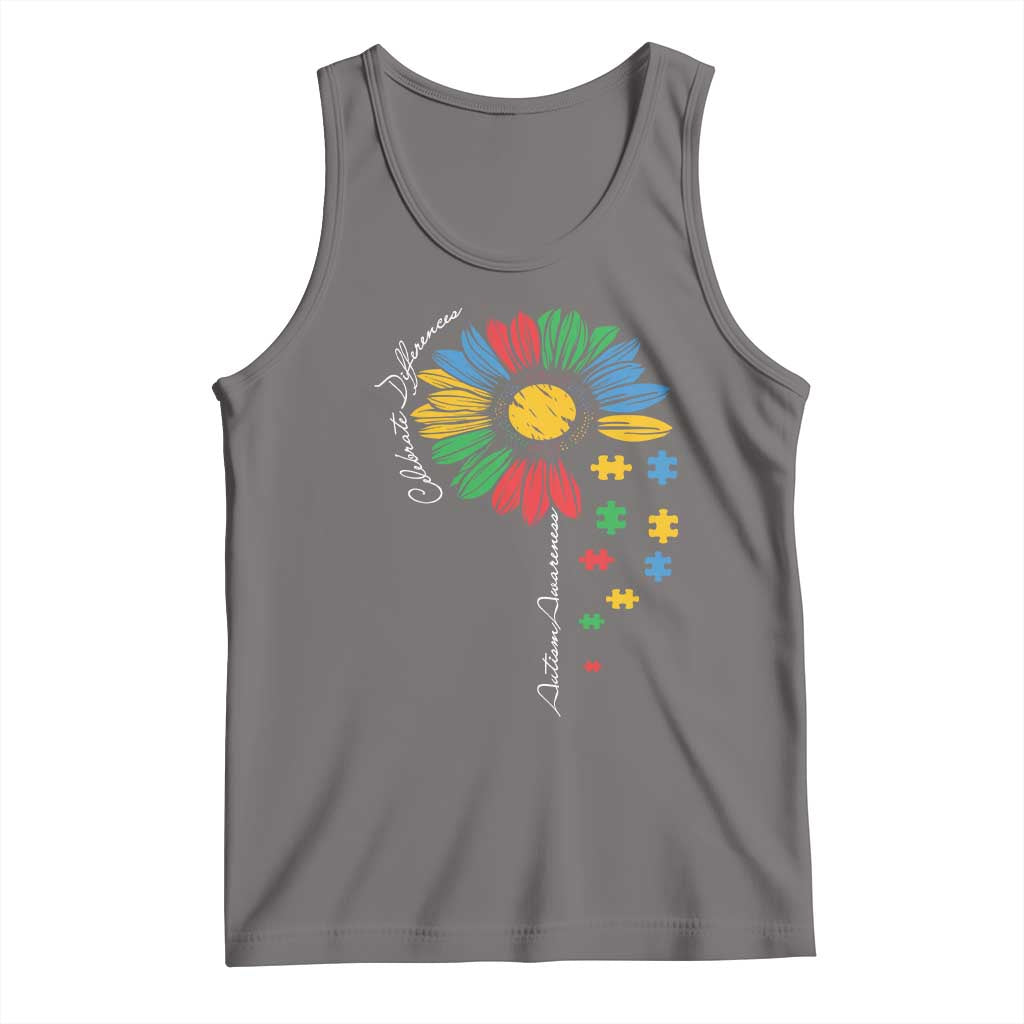 Autism Awareness Celebrate Differences Tank Top Sunflower Puzzle Pieces TS11 Deep Heather Print Your Wear