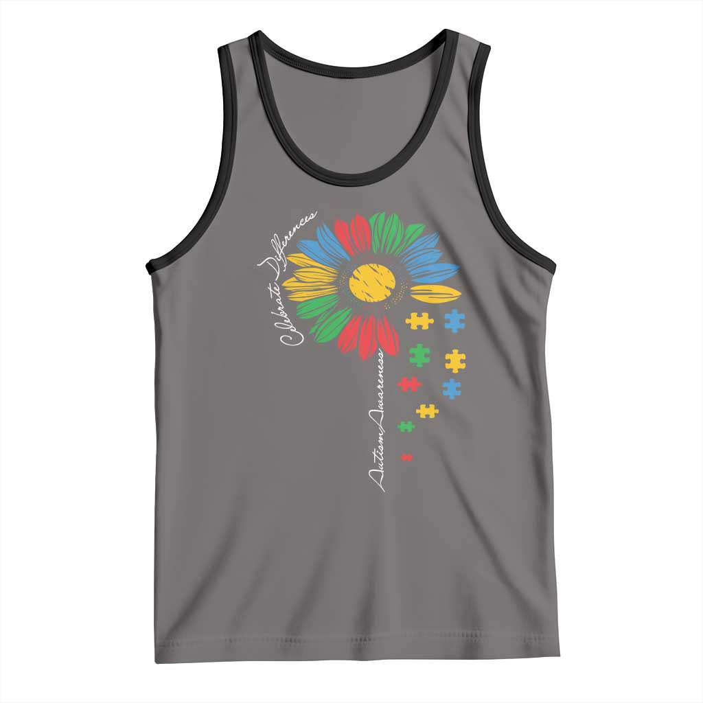 Autism Awareness Celebrate Differences Tank Top Sunflower Puzzle Pieces TS11 Deep Heather Black Print Your Wear