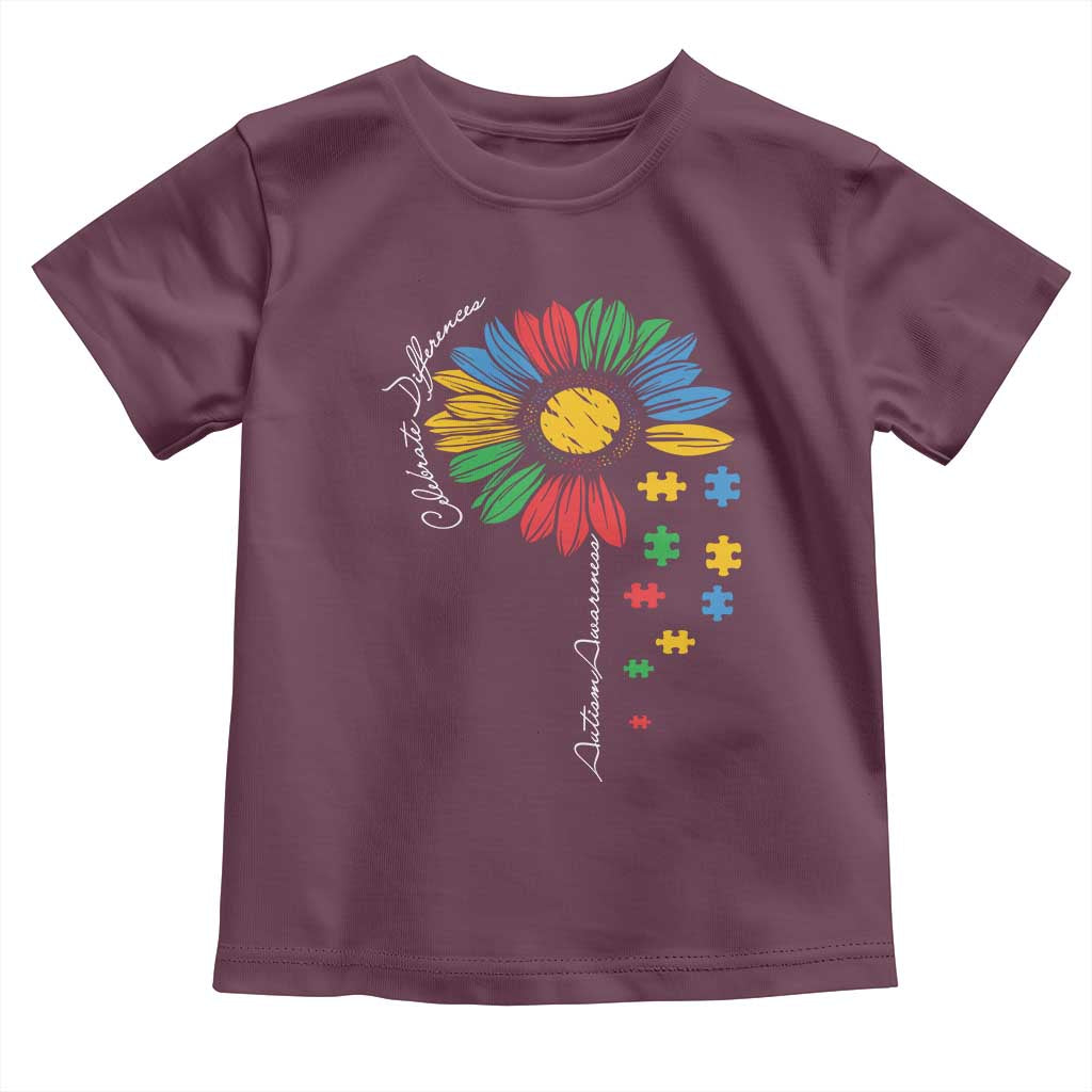 Autism Awareness Celebrate Differences Toddler T Shirt Sunflower Puzzle Pieces TS11 Maroon Print Your Wear