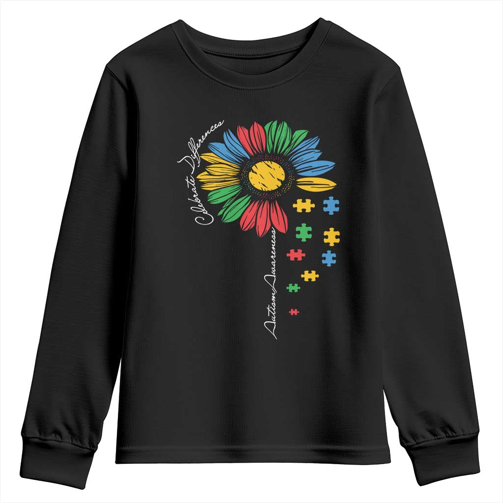 Autism Awareness Celebrate Differences Youth Sweatshirt Sunflower Puzzle Pieces TS11 Black Print Your Wear