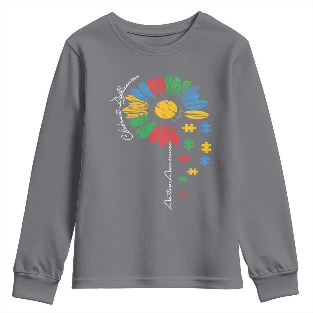 Autism Awareness Celebrate Differences Youth Sweatshirt Sunflower Puzzle Pieces TS11 Charcoal Print Your Wear