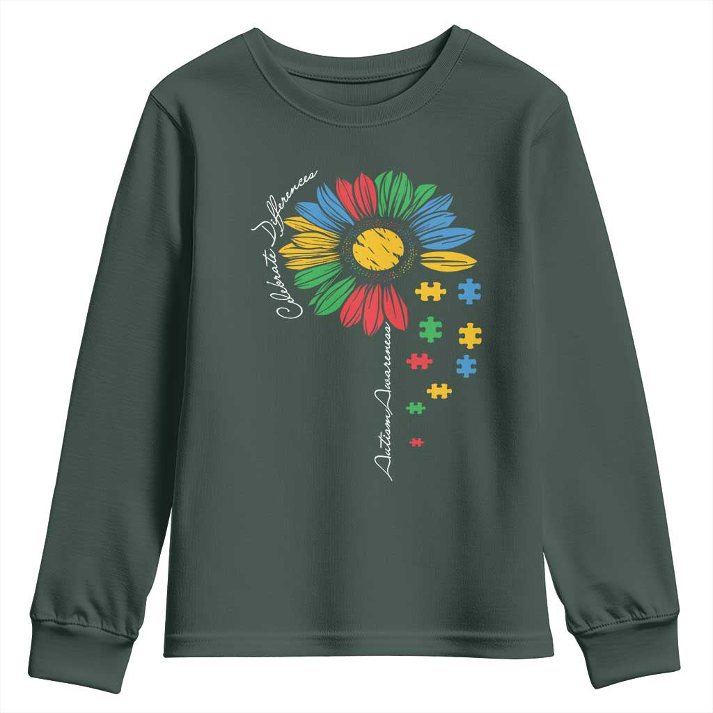 Autism Awareness Celebrate Differences Youth Sweatshirt Sunflower Puzzle Pieces TS11 Dark Forest Green Print Your Wear
