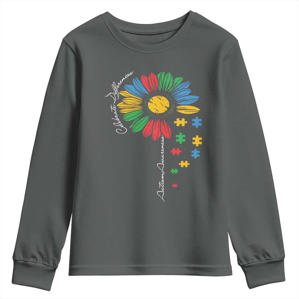 Autism Awareness Celebrate Differences Youth Sweatshirt Sunflower Puzzle Pieces TS11 Dark Heather Print Your Wear