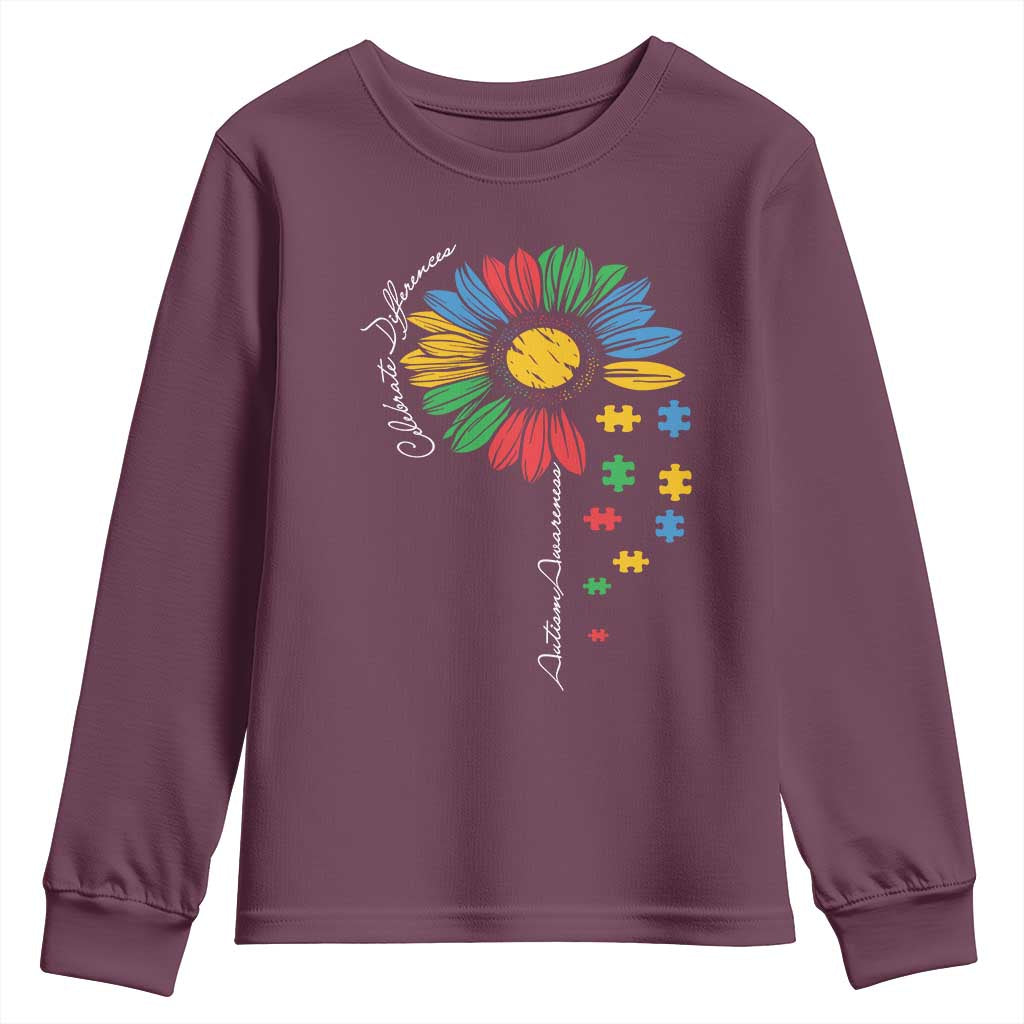 Autism Awareness Celebrate Differences Youth Sweatshirt Sunflower Puzzle Pieces TS11 Maroon Print Your Wear