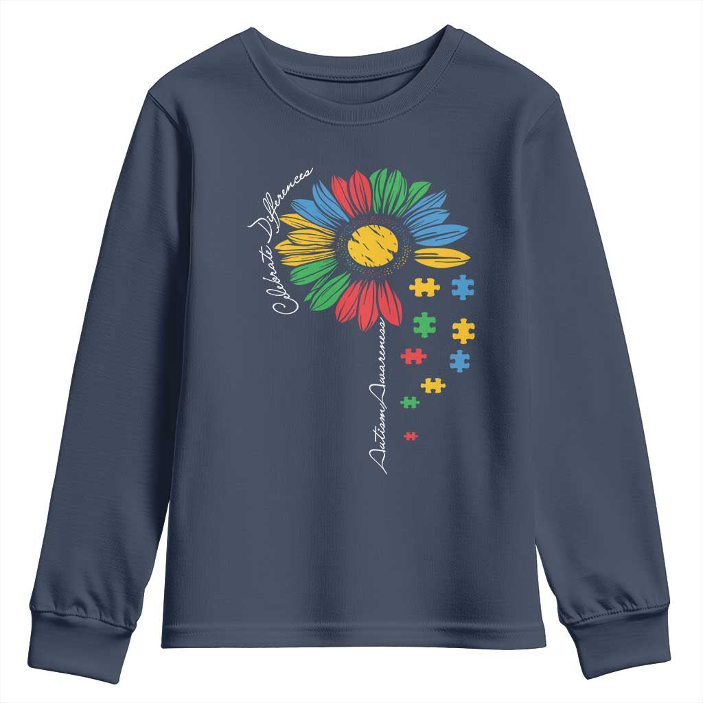 Autism Awareness Celebrate Differences Youth Sweatshirt Sunflower Puzzle Pieces TS11 Navy Print Your Wear