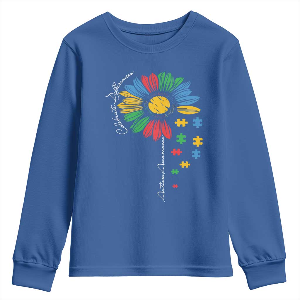 Autism Awareness Celebrate Differences Youth Sweatshirt Sunflower Puzzle Pieces TS11 Royal Blue Print Your Wear