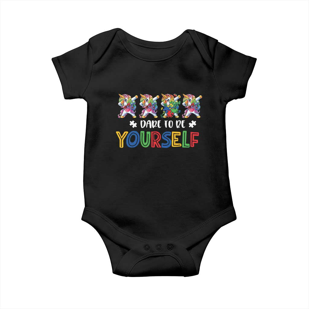 Funny Autism Awareness Dare To Be Yourself Baby Onesie Dabbing Unicorn TS11 Black Print Your Wear