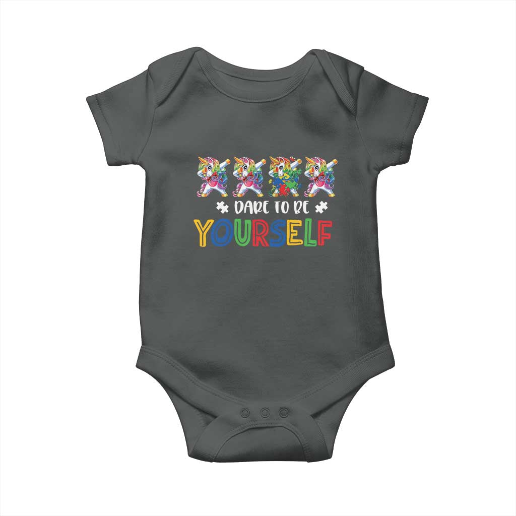 Funny Autism Awareness Dare To Be Yourself Baby Onesie Dabbing Unicorn TS11 Dark Heather Print Your Wear