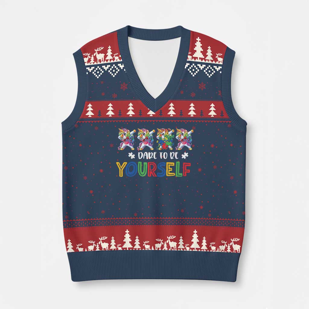 Funny Autism Awareness Dare To Be Yourself V-Neck Knit Sweater Vest Dabbing Unicorn TS11 Navy Red Print Your Wear