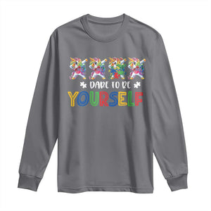 Funny Autism Awareness Dare To Be Yourself Long Sleeve Shirt Dabbing Unicorn TS11 Charcoal Print Your Wear