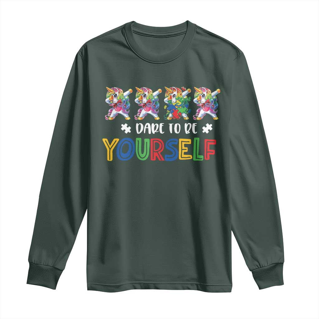 Funny Autism Awareness Dare To Be Yourself Long Sleeve Shirt Dabbing Unicorn TS11 Dark Forest Green Print Your Wear