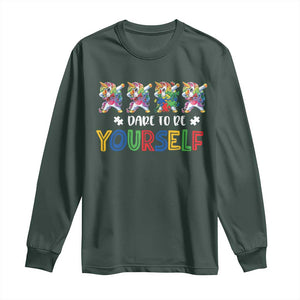Funny Autism Awareness Dare To Be Yourself Long Sleeve Shirt Dabbing Unicorn TS11 Dark Forest Green Print Your Wear