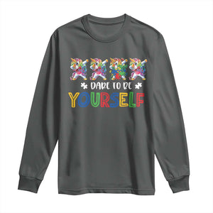Funny Autism Awareness Dare To Be Yourself Long Sleeve Shirt Dabbing Unicorn TS11 Dark Heather Print Your Wear