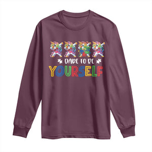 Funny Autism Awareness Dare To Be Yourself Long Sleeve Shirt Dabbing Unicorn TS11 Maroon Print Your Wear