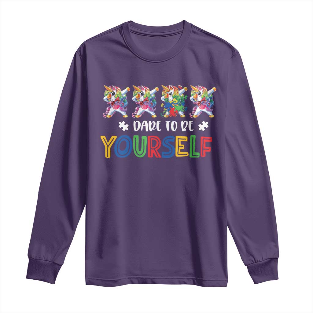 Funny Autism Awareness Dare To Be Yourself Long Sleeve Shirt Dabbing Unicorn TS11 Purple Print Your Wear