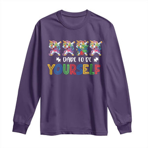 Funny Autism Awareness Dare To Be Yourself Long Sleeve Shirt Dabbing Unicorn TS11 Purple Print Your Wear