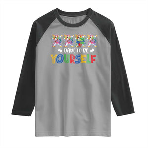 Funny Autism Awareness Dare To Be Yourself Raglan Shirt Dabbing Unicorn TS11 Sport Gray Black Print Your Wear