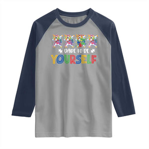 Funny Autism Awareness Dare To Be Yourself Raglan Shirt Dabbing Unicorn TS11 Sport Gray Navy Print Your Wear