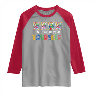 Funny Autism Awareness Dare To Be Yourself Raglan Shirt Dabbing Unicorn TS11 Sport Gray Red Print Your Wear