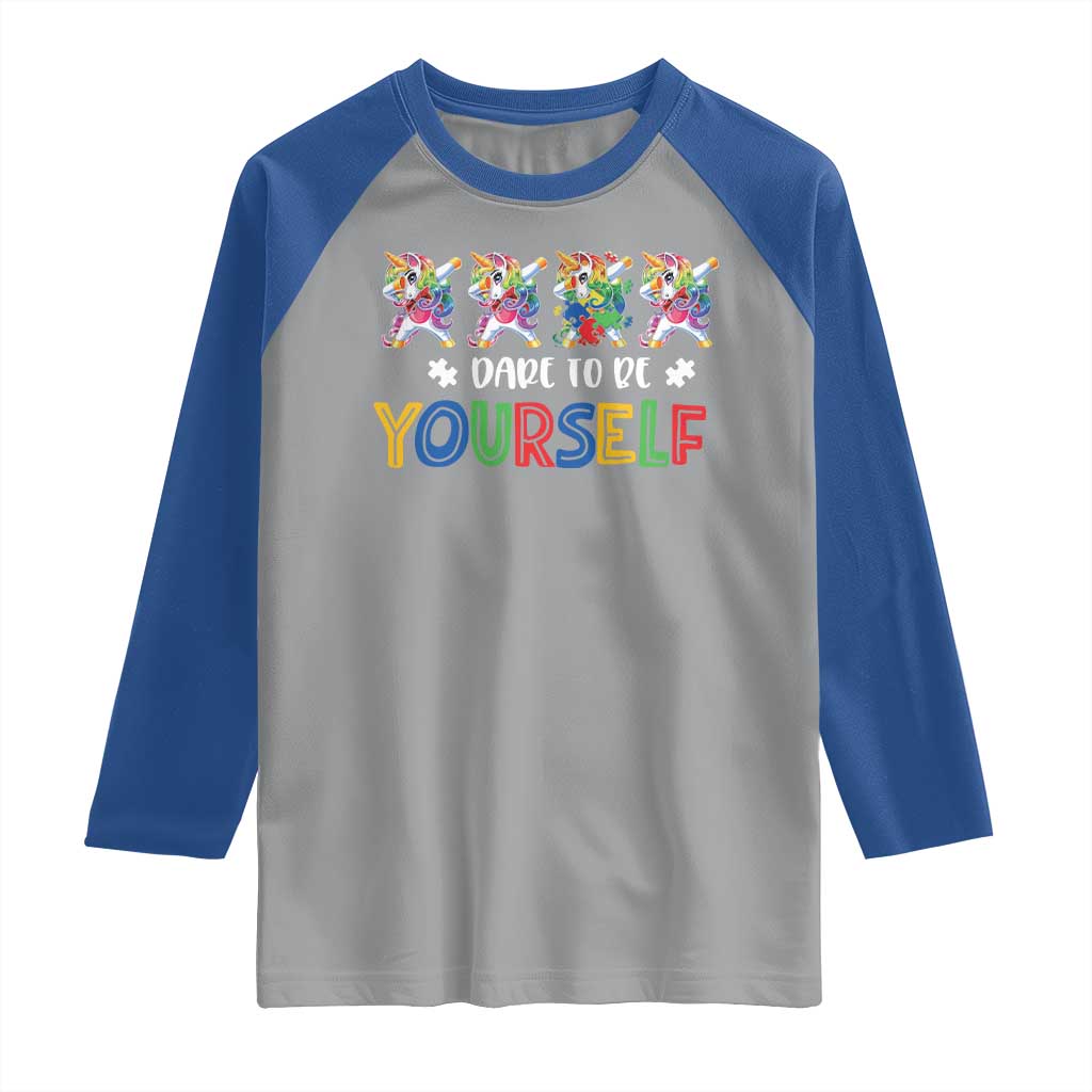 Funny Autism Awareness Dare To Be Yourself Raglan Shirt Dabbing Unicorn TS11 Sport Gray Royal Print Your Wear