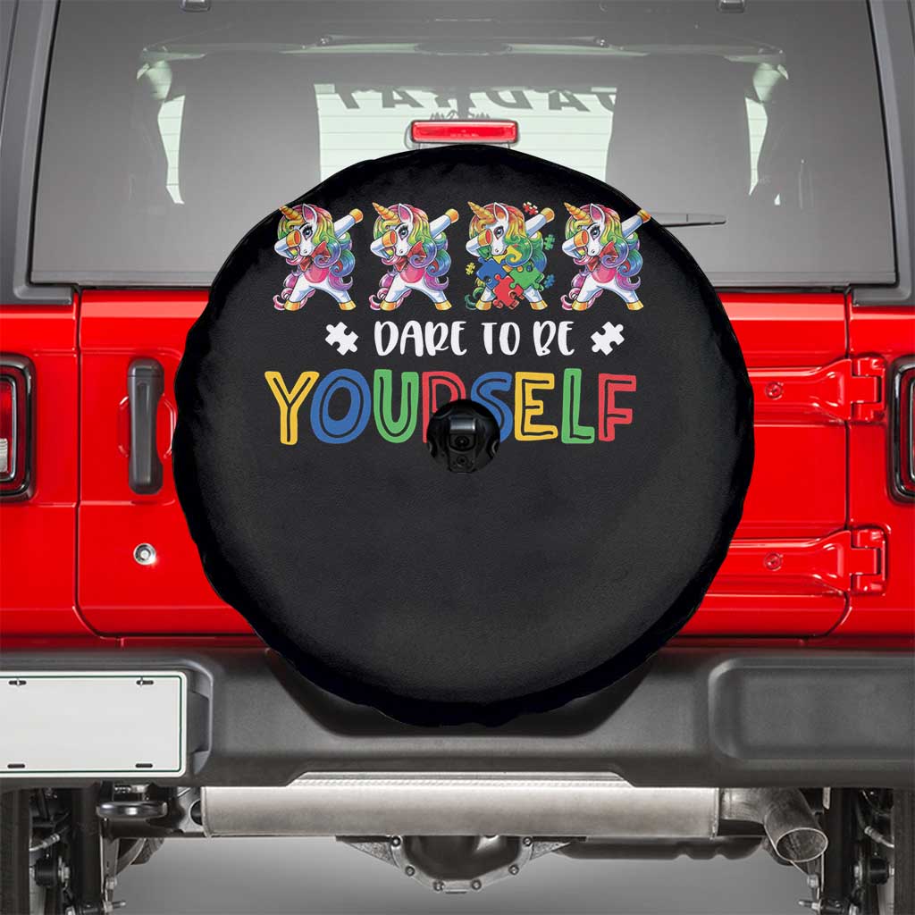 Funny Autism Awareness Dare To Be Yourself Spare Tire Cover Dabbing Unicorn TS11 Black Print Your Wear