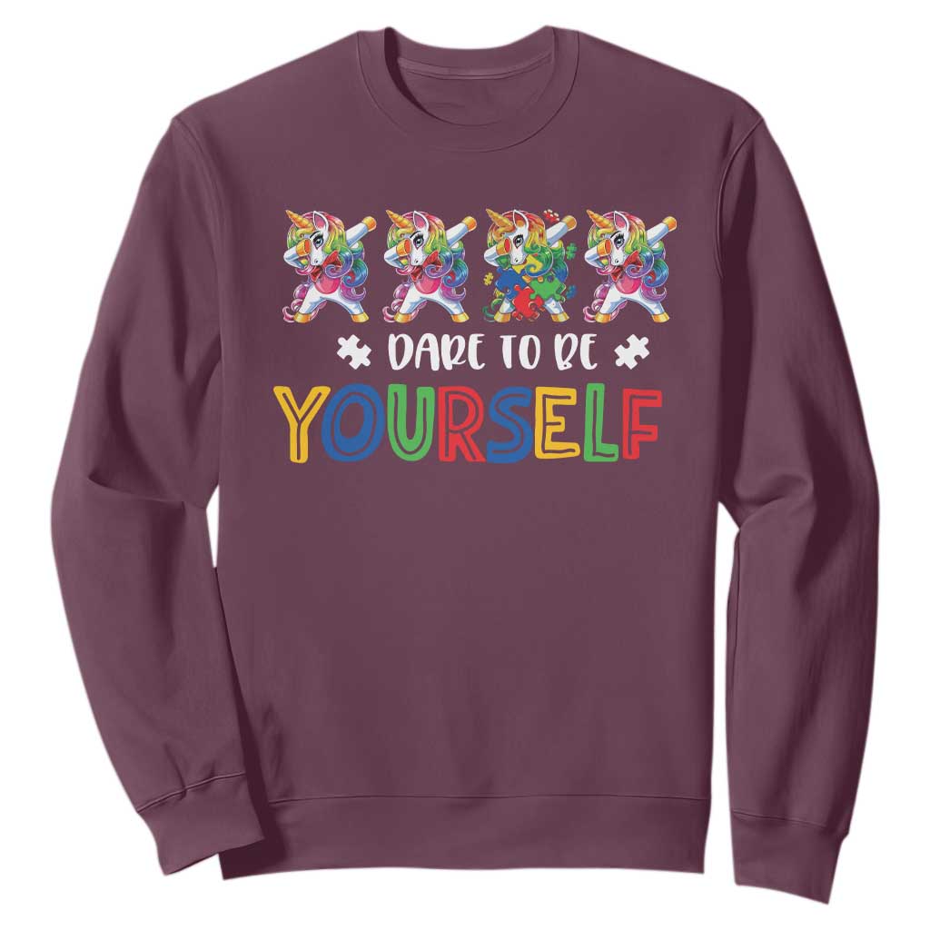 Funny Autism Awareness Dare To Be Yourself Sweatshirt Dabbing Unicorn TS11 Maroon Print Your Wear