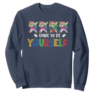 Funny Autism Awareness Dare To Be Yourself Sweatshirt Dabbing Unicorn TS11 Navy Print Your Wear