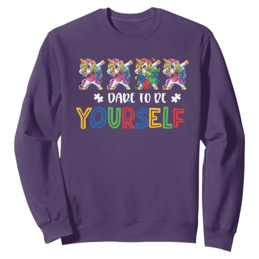 Funny Autism Awareness Dare To Be Yourself Sweatshirt Dabbing Unicorn TS11 Purple Print Your Wear