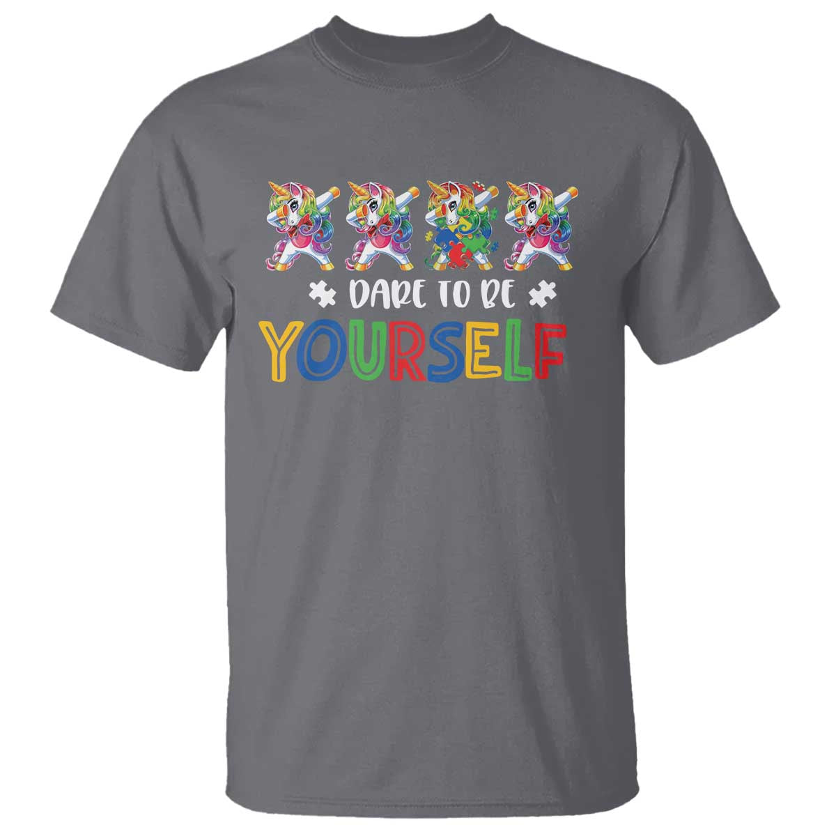Funny Autism Awareness Dare To Be Yourself T Shirt Dabbing Unicorn TS11 Charcoal Print Your Wear