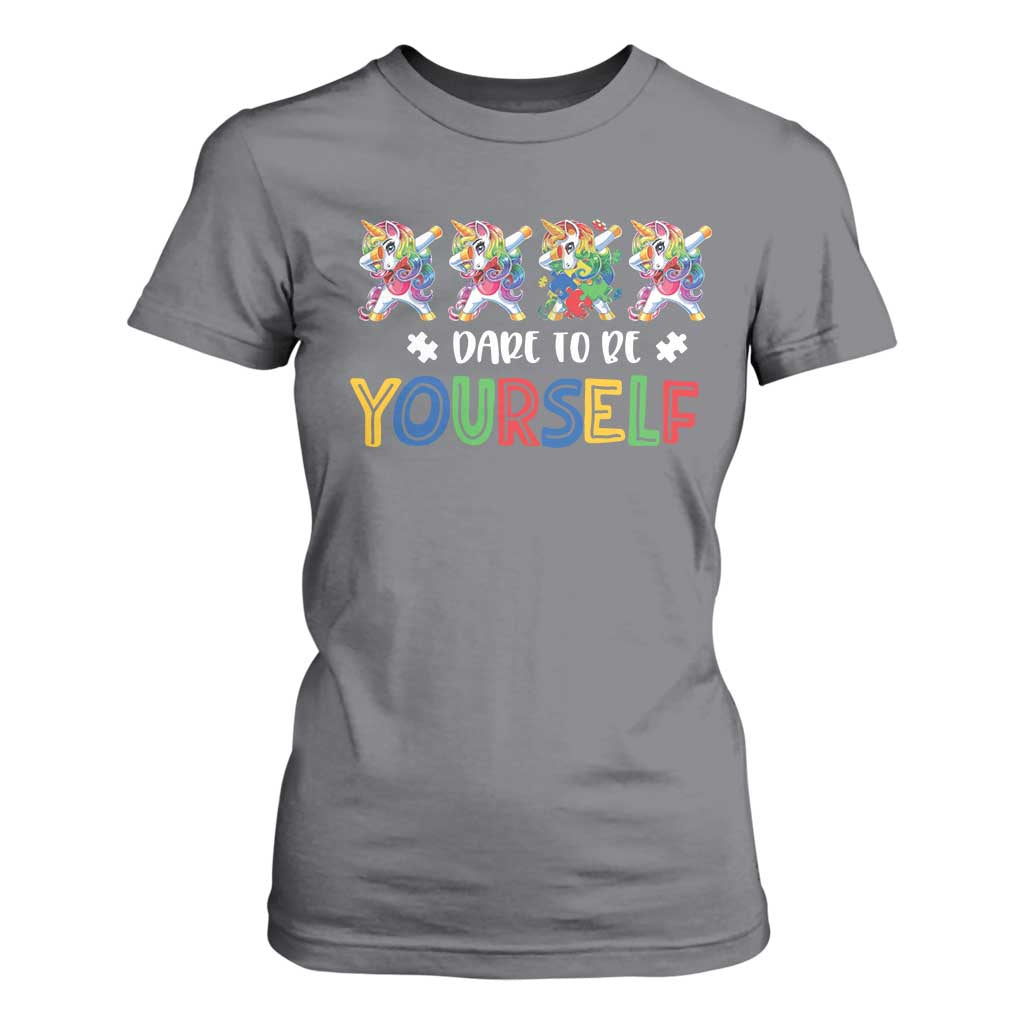 Funny Autism Awareness Dare To Be Yourself T Shirt For Women Dabbing Unicorn TS11 Charcoal Print Your Wear