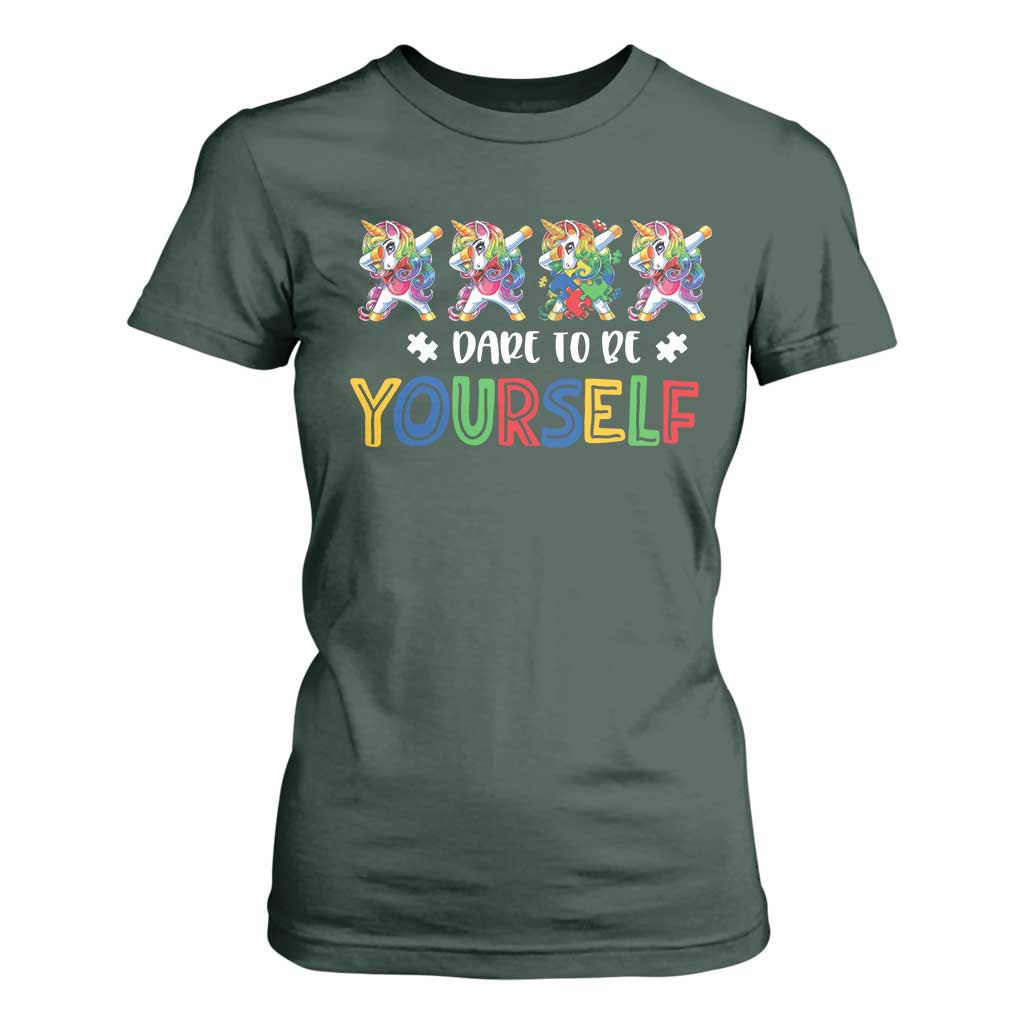 Funny Autism Awareness Dare To Be Yourself T Shirt For Women Dabbing Unicorn TS11 Dark Forest Green Print Your Wear