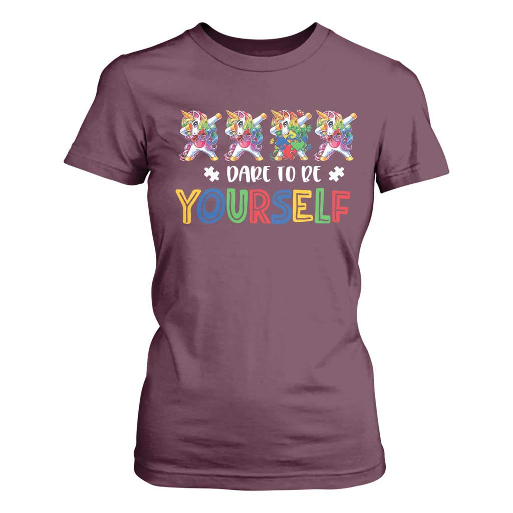 Funny Autism Awareness Dare To Be Yourself T Shirt For Women Dabbing Unicorn TS11 Maroon Print Your Wear